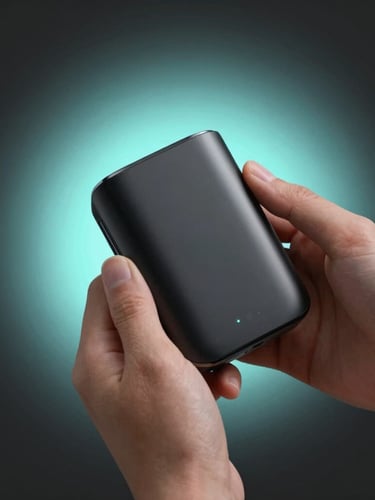 Hands holding a sleek, minimalist matte black tech accessory, clean studio lighting, soft cyan ambient glow, dark background