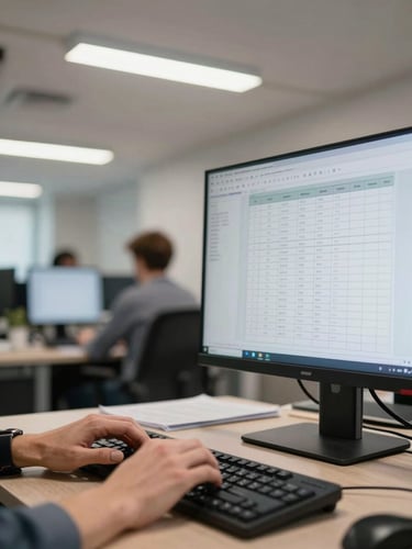 Wide documentary frame of an open-plan office under overhead fluorescent light, a manager's hands resting on a keyboard in the foreground, a printed access roster visible on the desk beside the monitor, coworkers blurred in background, no staging