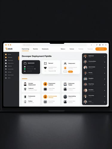 Straight-on clean UI mockup of a developer deployment pipeline dashboard, stark monochrome interface with sharp orange accents, high-contrast studio lighting
