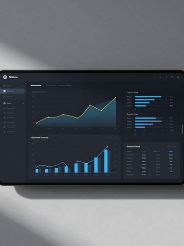 Straight-on orthographic screenshot of a clean modern UI dashboard, dark mode, high-contrast studio lighting, sharp shadows, minimalist layout with data visualization charts, crisp details