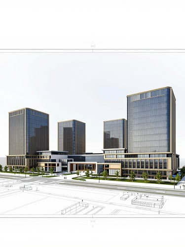 A clean top-down technical site plan blueprint overlaid on a high-contrast architectural daylight rendering of a modern minimalist corporate campus.