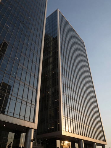Dramatic low-angle architectural photograph of a modern minimalist corporate headquarters in Dubai, crisp high-contrast daylight, golden hour reflections on glass facades, deep navy and champagne gold tones.