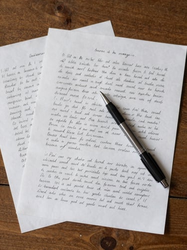 Close overhead flat-lay of manuscript pages covered in handwritten editing marks on a worn wooden desk, a single pen resting diagonally across the sheets, north-facing daylight falling softly from the left edge