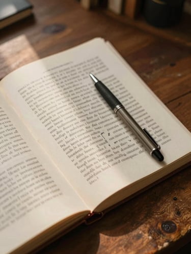 Close-up overhead flat-lay of a literary manuscript on a worn wooden desk in Indore, editing marks in ink visible on cream pages, a pen resting diagonally across the sheets, north-facing daylight falling from the left, warm tungsten undertone, quiet and unhurried
