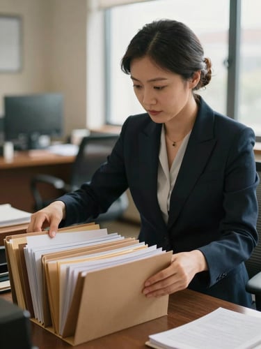 A professional female consultant in a warm, naturally lit office, organizing neat document folders, soft focus background, 35mm photography