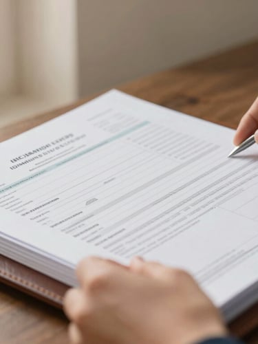 Close-up of professional hands organizing official immigration forms into a high-quality leather binder, warm natural light, shallow depth of field