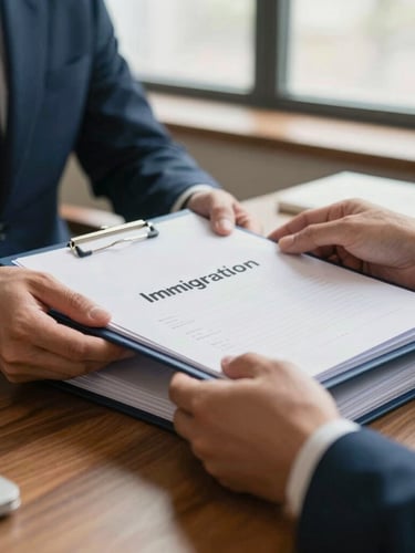 Hands organizing professional immigration folders on a wooden desk, warm natural window light, deep blue corporate accents, shallow depth of field, 35mm photography