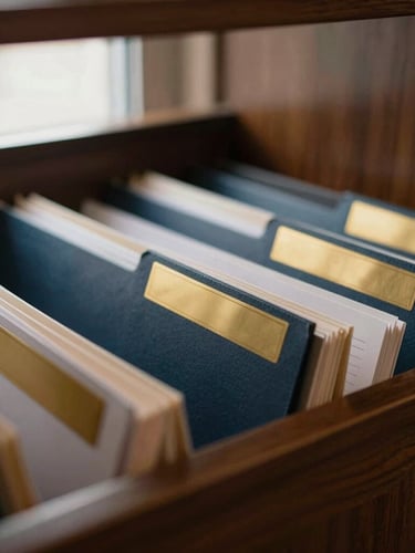 Close-up of organized financial folders with gold labels on a dark wooden shelf, warm natural light, shallow depth of field