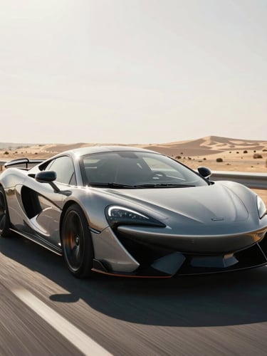 A high-end sports car driving on a sweeping desert highway near Dubai at midday, harsh sun reflecting off its flawless, high-gloss protected body.