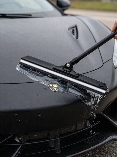 Extreme close-up of a squeegee smoothing clear PPF over the aggressive front bumper of a matte black supercar, water droplets spraying.