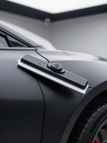 Close-up macro shot of a squeegee smoothing high-tack paint protection film over the sharp fender curves of a matte black supercar under bright workshop LED bays.