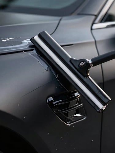 Extreme close-up macro shot of a squeegee smoothing a clear film over the complex fender curve of a matte black luxury car