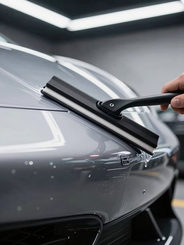 Macro close-up of a squeegee smoothing clear high-tack film over the complex curved bumper of a luxury sports car under sharp workshop LED lighting.