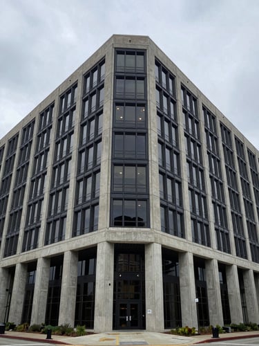 Symmetrical wide-angle shot of a modern concrete and steel corporate headquarters in North Charleston, overcast daylight, cool-toned natural light, architectural classicism.