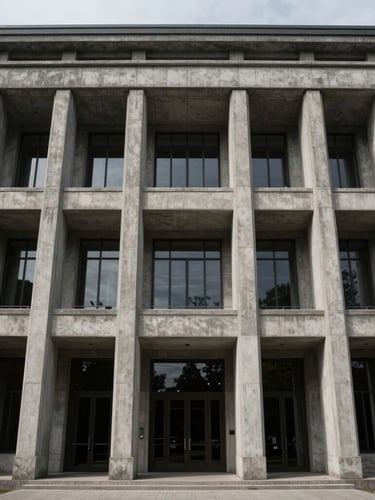 Symmetrical wide angle of a modern concrete and steel institutional building facade, overcast daylight, low-contrast shadows, architectural classicism.