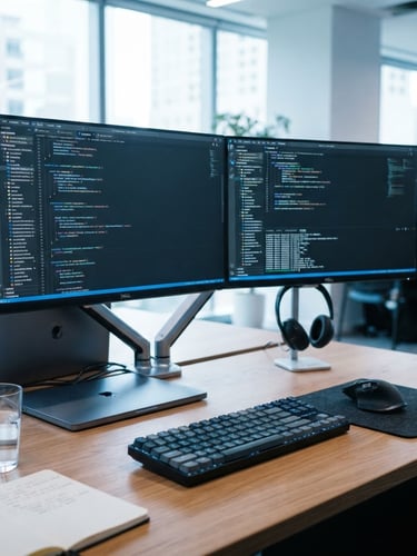 Close-up of a high-end modern workstation with dual monitors displaying clean code, cool blue ambient lighting, sharp focus, 35mm