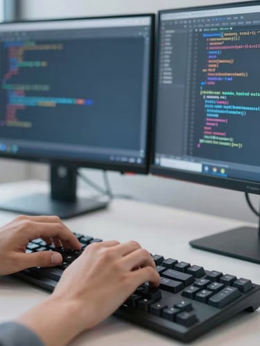A close-up of a developer's hands typing clean code on a mechanical keyboard, dual monitor setup displaying structured code lines, soft cool daylight, 35mm