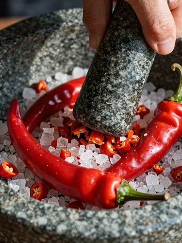 Extreme close-up of vibrant red chili peppers being crushed with coarse sea salt in a stone mortar, hard direct sunlight casting sharp shadows, rich textures.