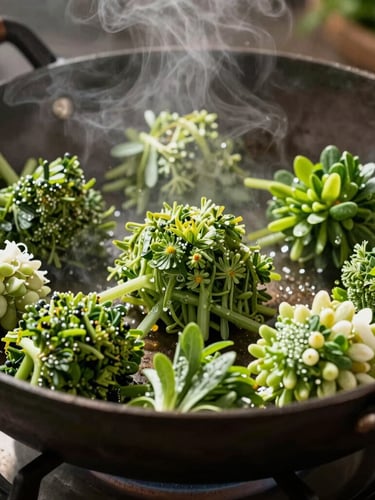 Macro shot of vibrant, textured plant dishes being tossed in a heavy iron pan, hard direct sunlight casting sharp shadows, steam rising