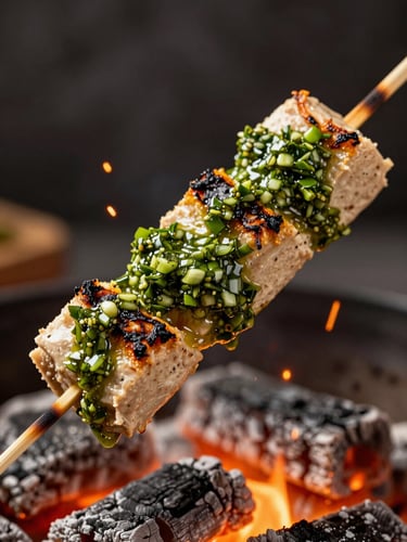 Macro close-up of a plant-based protein skewer charred over open flame, dripping with fresh green chimichurri sauce, sparks flying from hot embers, dark moody background.