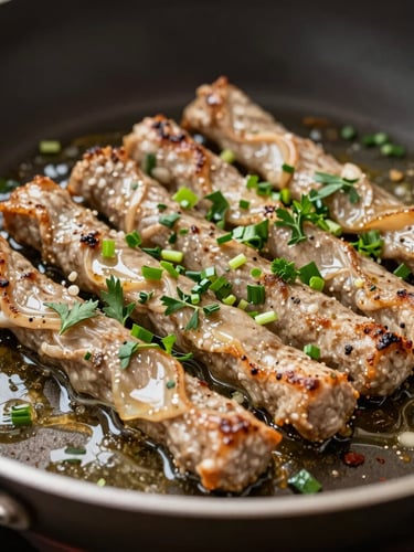 Action shot of sizzling plant-based protein strips in a hot pan, oil glistening, direct hard light, vibrant green herbs scattered, close-up.