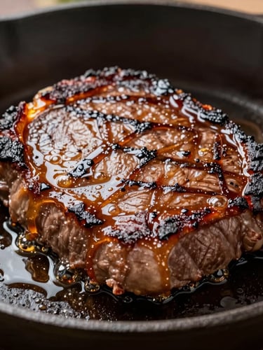 Extreme macro close-up of a thick plant-based protein steak searing on a smoking cast-iron skillet, deep brown caramelized crust, oil bubbling, hard direct sunlight with sharp shadows.