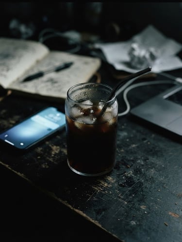 Moody close-up of a single cold cup of coffee on a messy dark desk, dramatic shadows, glowing smartphone screen nearby, cinematic 35mm
