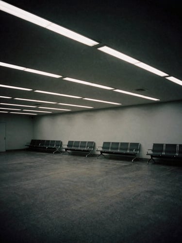 A low-angle shot of an endless, empty modern waiting room with stark fluorescent glare, dramatic long shadows, minimalist composition