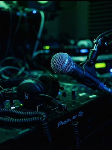 Close-up of a DJ microphone and headphones in a dark studio, illuminated by neon electric blue and acid green lighting, cinematic 35mm lens, high contrast, dramatic shadows.