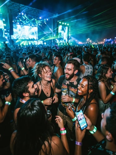 Wide shot of diverse young adults laughing and interacting at a neon-lit electronic music festival, vibrant electric blue and acid green lights, motion blur, glowing phone screens, high contrast, low angle, cinematic, 35mm lens