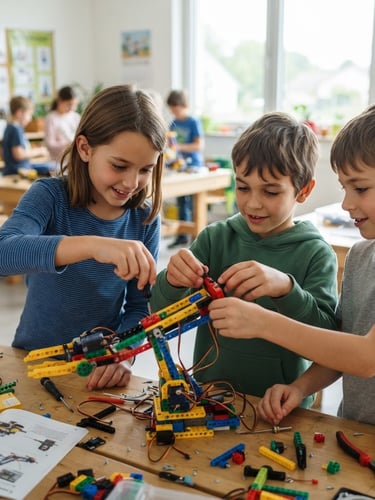 Bright, well-lit classroom, children collaborating on building a robotic arm with colorful components, natural daylight from large windows, crisp focus on hands and components, 35mm.
