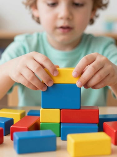 Portrait shot of a young child's hands building with colorful, oversized soft blocks, natural classroom daylight, focus on the blocks and hands, soft primary colors, 35mm