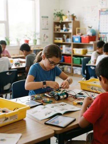 Bright, clean classroom environment, a focused child (around 8-10 years old) assembling a small robotics kit on a modern desk, soft natural daylight, wide shot showing the student and the kit, collaborative learning atmosphere, no faces looking at camera.