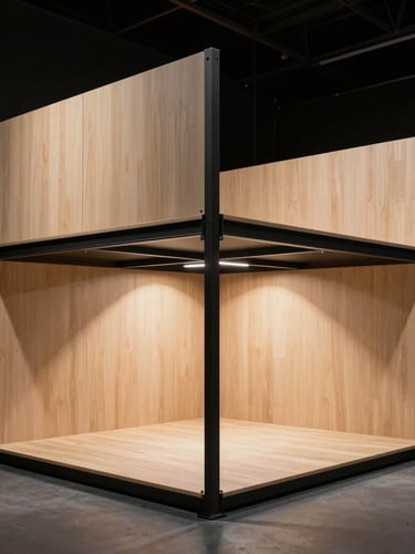 Vista lateral de un stand de exposición minimalista de dos pisos, estructura de acero negro mate y paneles de madera crema, iluminación arquitectónica espectacular con sombras marcadas, lente gran angular