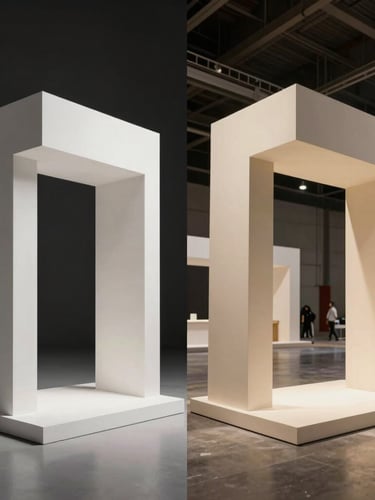 Split screen comparison, left side is a clean 3D architectural render of a stand, right side is the high-quality physical build in a real expo hall, identical geometry, dramatic lighting