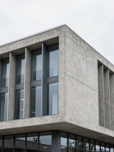 Architectural photography of a modern concrete building structure under overcast daylight, clean straight lines, minimalist steel and glass details, 35mm.