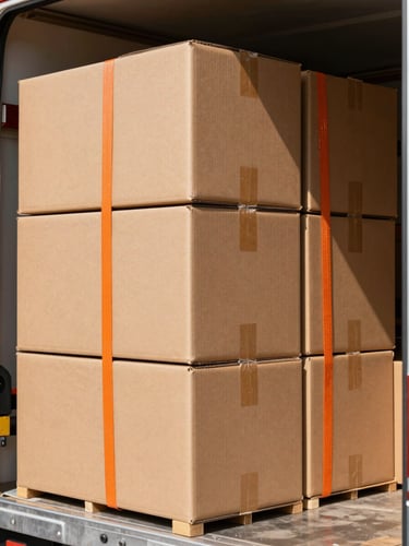 Bright daylight close-up of heavy-duty cardboard moving boxes neatly stacked inside a clean transport truck, strapped securely with orange tie-down webs.