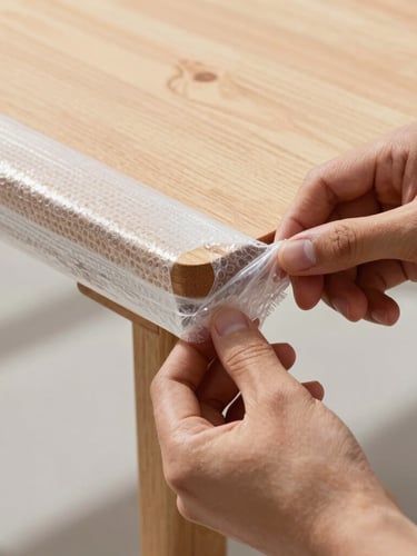 Bright daylight close-up of hands wrapping a fragile wooden table corner in thick protective bubble wrap, sharp focus, clean background.
