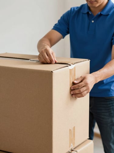 A professional mover in a clean uniform carefully taping the edge of a heavy-duty cardboard box under bright daylight