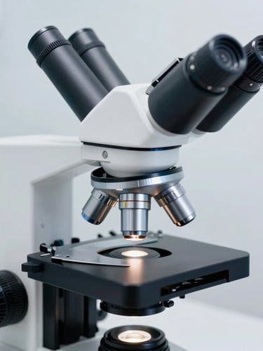 Close-up of high-end diagnostic laboratory equipment, sterile silver and blue accents, sharp focus on a microscope stage under bright clinical white light.