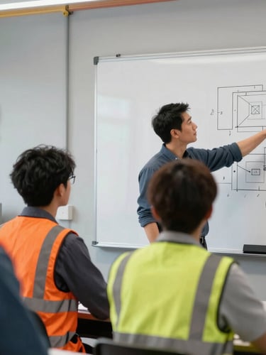 Sharp industrial documentary photography of a professional classroom training session, an instructor pointing at a technical diagram on a whiteboard, engineers in high-vis vests listening attentively, natural daylight, crisp focus.