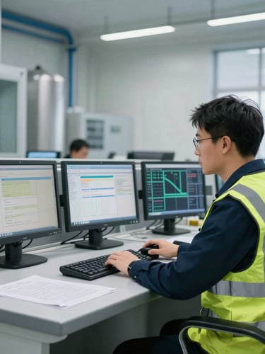 Sharp industrial photography of a modern control room with monitors and an engineer in high-vis vest analyzing technical data, natural daylight.