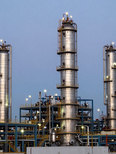 Wide shot of a modern Algerian petrochemical plant at dusk, steel distillation towers, clean industrial lighting, sharp focus, professional documentary style