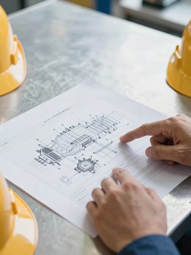 Close-up of hands pointing at a complex technical diagram on a workshop table, safety helmets visible, cool steel tones.
