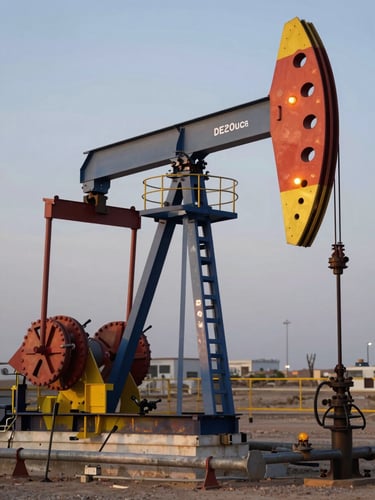 Sharp industrial photography of Algerian oil and gas surface installations at dusk, safety orange light reflecting on steel pipes, crisp focus.