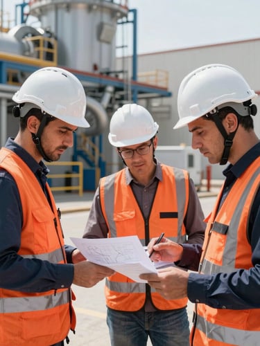 Sharp industrial photography, natural daylight, engineers in high-vis vests and helmets discussing technical schematics in a modern Algerian training facility, professional documentary style