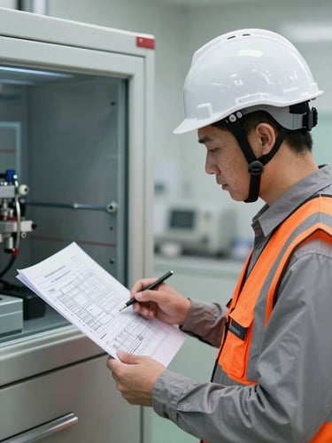 Sharp industrial photography of an engineer wearing safety helmet and high-visibility vest examining a technical schematic in a clean control room, natural daylight, crisp focus