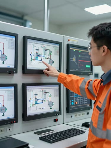 Industrial control room interior, multiple monitors displaying complex piping and instrumentation diagrams, a technical expert pointing at a screen, sharp focus, safety orange details, cool steel lighting.