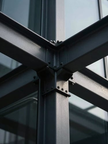 Extreme close-up of a structural steel junction and glass facade, high-contrast dramatic architectural lighting, monochromatic deep charcoal.