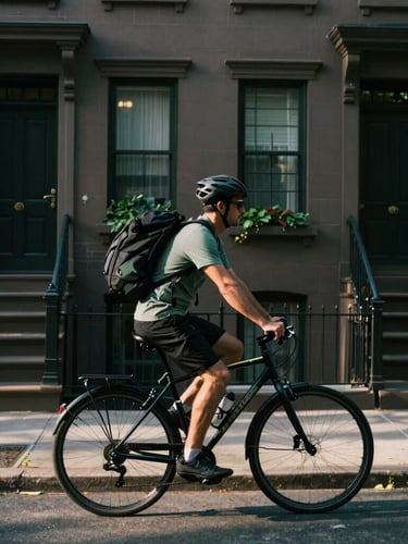 A professional bicycle courier with a sleek black backpack riding past historic Brooklyn brownstones in Clinton Hill, soft late afternoon sunlight casting long shadows, moody film aesthetic.